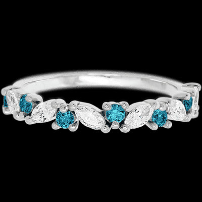 10K White Gold band with alternating 7 Round Ocean Blue Diamond and 6 Marquise Lab Grown Diamond having TCW-.81