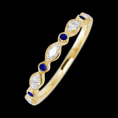 10K Yellow Gold band with alternating 4 Round Sapphire and 5 Marquise Lab Grown Diamond having TCW-.56