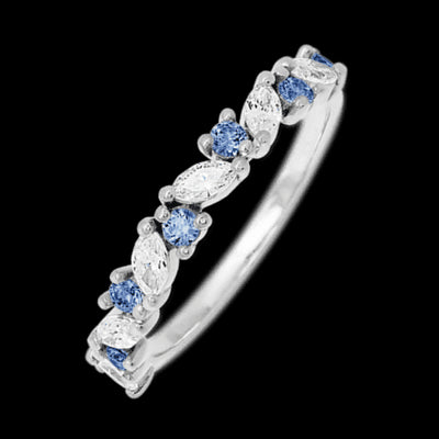 14K White Gold band with alternating 7 Round Denim Sapphire and 6 Marquise Lab Grown Diamond having TCW-.81