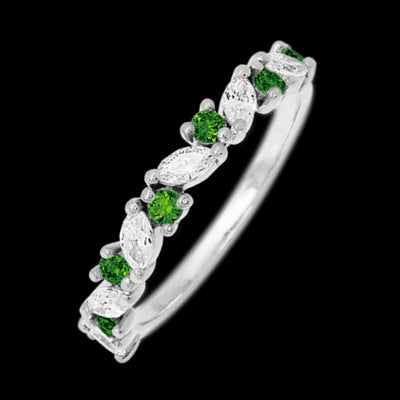 14K White Gold band with alternating 7 Round Green Diamond and 6 Marquise Lab Grown Diamond having TCW-.81