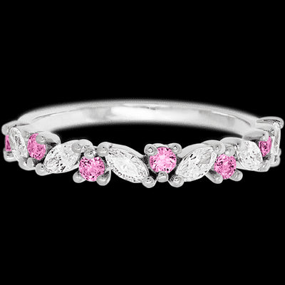 14K White Gold band with alternating 7 Round Pink Sapphire and 6 Marquise Lab Grown Diamond having TCW-.81