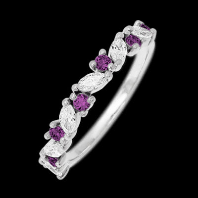 14K White Gold band with alternating 7 Round Purple Diamond and 6 Marquise Lab Grown Diamond having TCW-.81