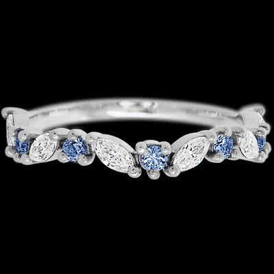 14K White Gold band with alternating 6 Round Denim Sapphire and 5 Marquise Lab Grown Diamond having TCW-.68