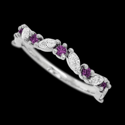 14K White Gold band with alternating 6 Round Purple Diamond and 5 Marquise Lab Grown Diamond having TCW-.68