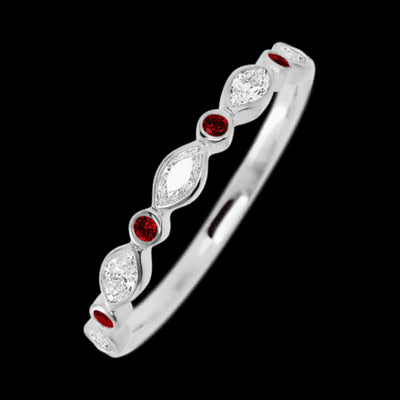 14K White Gold band with alternating 4 Round Dark Ruby and 5 Marquise Lab Grown Diamond having TCW-.56