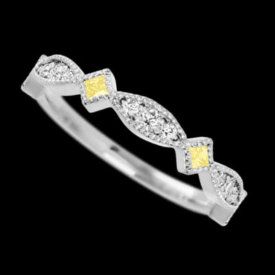 14K White Gold band with alternating 7 Round Lab Grown Diamond, 6 Round Lab Grown Diamond and 4 Princess Light Yellow Sapphire having TCW-.51
