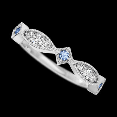 14K White Gold band with alternating 3 Round Denim Sapphire, 2 Round Lab Grown Diamond and 4 Round Lab Grown Diamond having TCW-.27