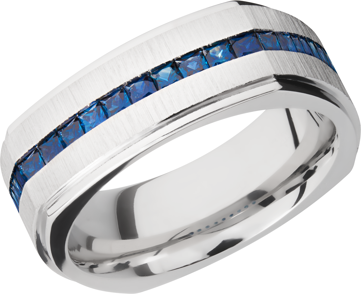 14K White gold 8mm flat square band with grooved edges and eternity-set sapphires