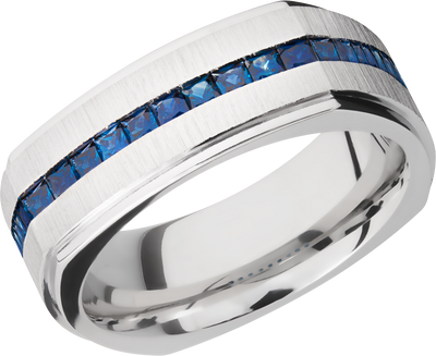 14K White gold 8mm flat square band with grooved edges and eternity-set sapphires