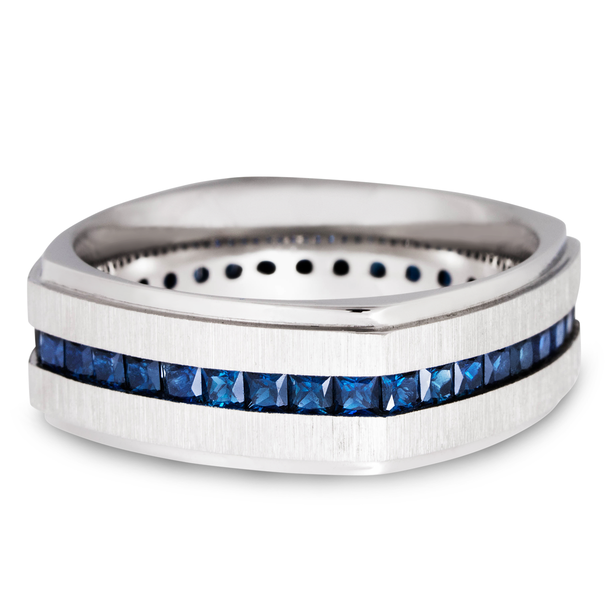 14K White gold 8mm flat square band with grooved edges and eternity-set sapphires