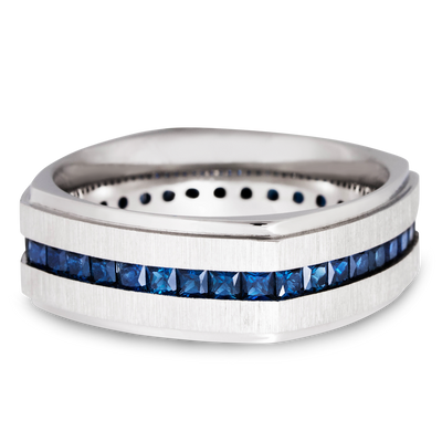 14K White gold 8mm flat square band with grooved edges and eternity-set sapphires