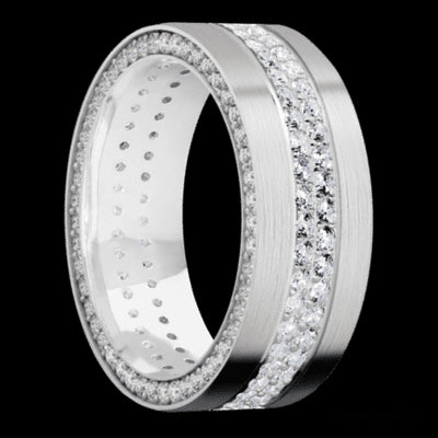 8 mm wide/Flat/14K White Gold band with a Side Eternity arrangement of .01 carat Round Diamond stones in a Bead Channel setting and featuring a a 2 Row Eternity arrangement of .015 carat Round Diamond stones in a Bead Channel setting