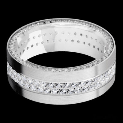 8 mm wide/Flat/14K White Gold band with a Side Eternity arrangement of .01 carat Round Diamond stones in a Bead Channel setting and featuring a a 2 Row Eternity arrangement of .015 carat Round Diamond stones in a Bead Channel setting