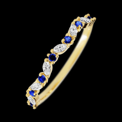 14K Yellow Gold band with alternating 8 Round Sapphire and 7 Marquise Lab Grown Diamond having TCW-.33