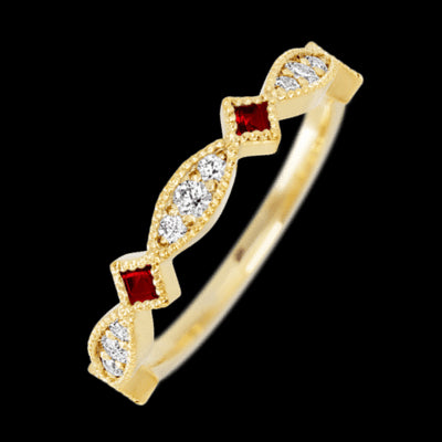 14K Yellow Gold band with alternating 7 Round Lab Grown Diamond, 6 Round Lab Grown Diamond and 4 Princess Dark Ruby having TCW-.51