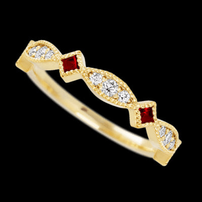14K Yellow Gold band with alternating 7 Round Lab Grown Diamond, 6 Round Lab Grown Diamond and 4 Princess Dark Ruby having TCW-.51