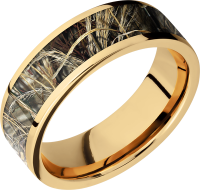 14K Yellow  Gold 7mm flat band with a 5mm inlay of Realtree Advantage Max4 Camo