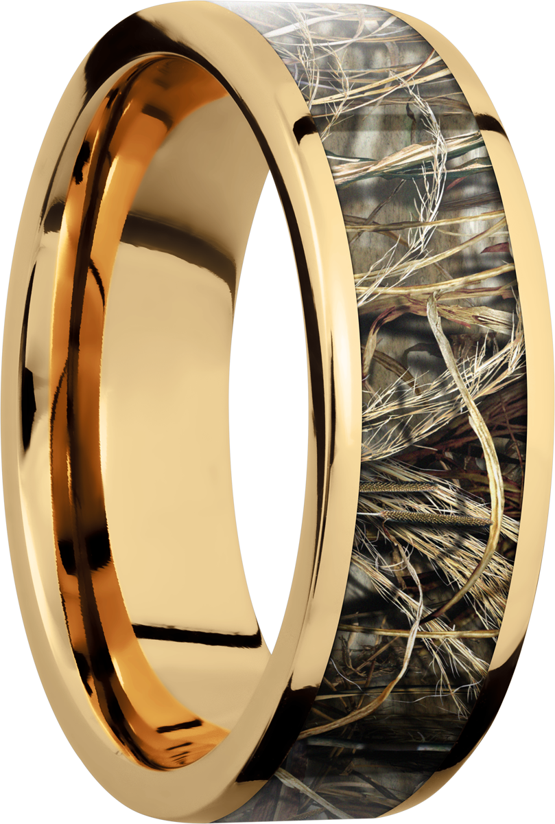 14K Yellow  Gold 7mm flat band with a 5mm inlay of Realtree Advantage Max4 Camo