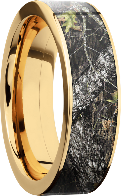 14K Yellow Gold 7mm flat band with a 6mm inlay of Mossy Oak Break Up Camo