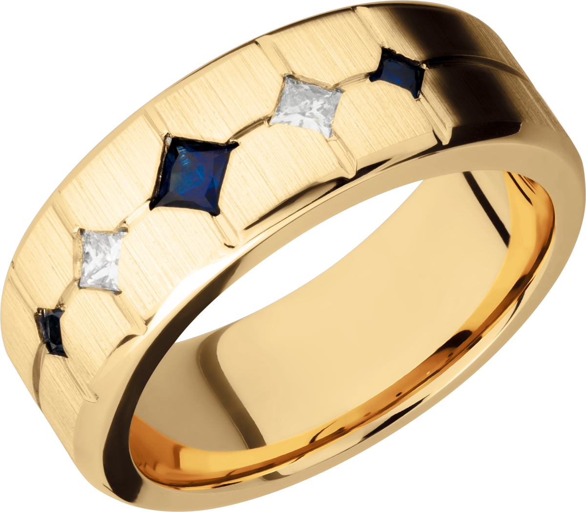 14K Yellow gold 8mm beveled band with 3 sapphires and 2 diamonds