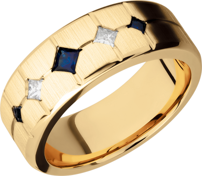 14K Yellow gold 8mm beveled band with 3 sapphires and 2 diamonds