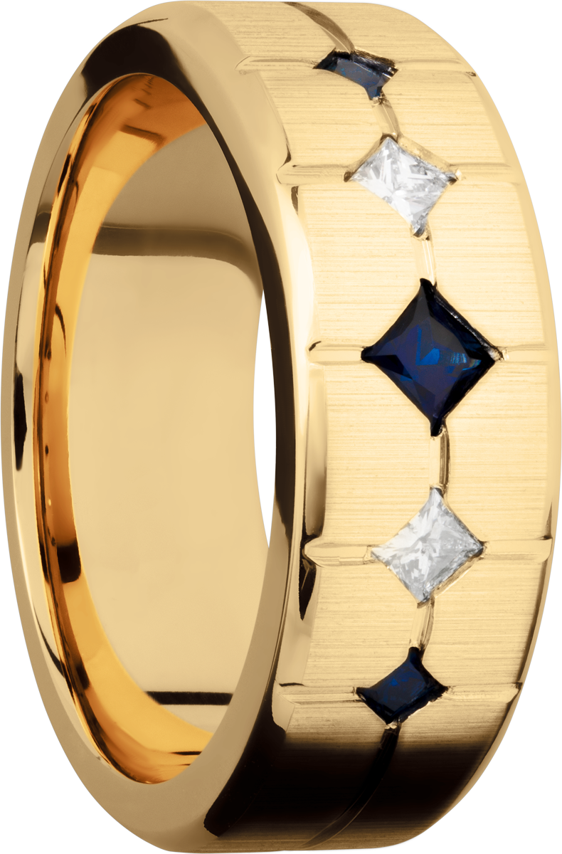 14K Yellow gold 8mm beveled band with 3 sapphires and 2 diamonds