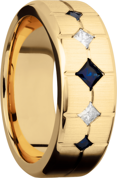 14K Yellow gold 8mm beveled band with 3 sapphires and 2 diamonds