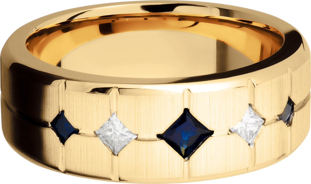 14K Yellow gold 8mm beveled band with 3 sapphires and 2 diamonds