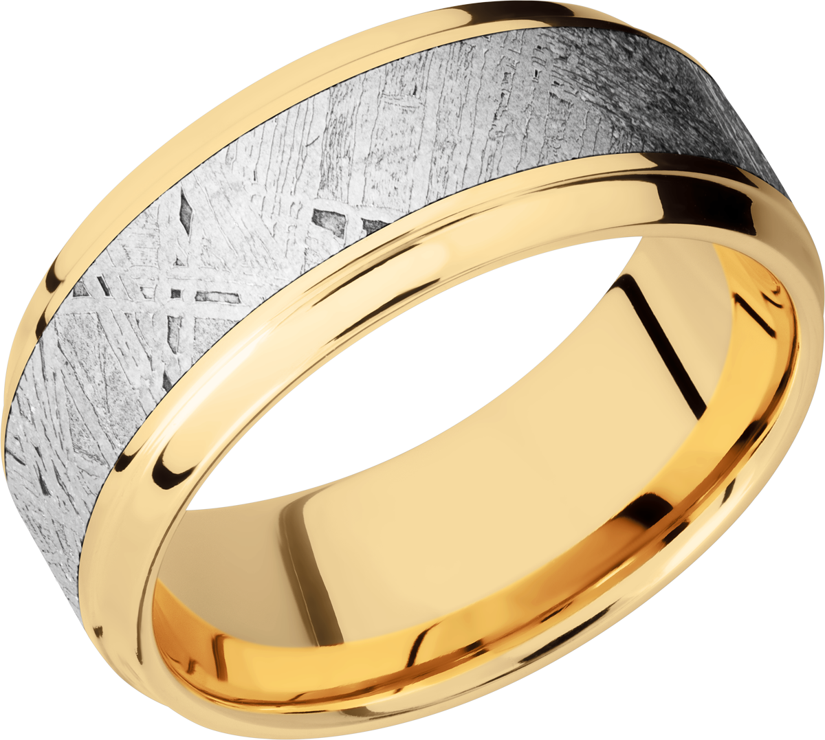 14K Yellow gold 9mm beveled band with an inlay of authentic Gibeon Meteorite