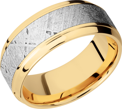 14K Yellow gold 9mm beveled band with an inlay of authentic Gibeon Meteorite