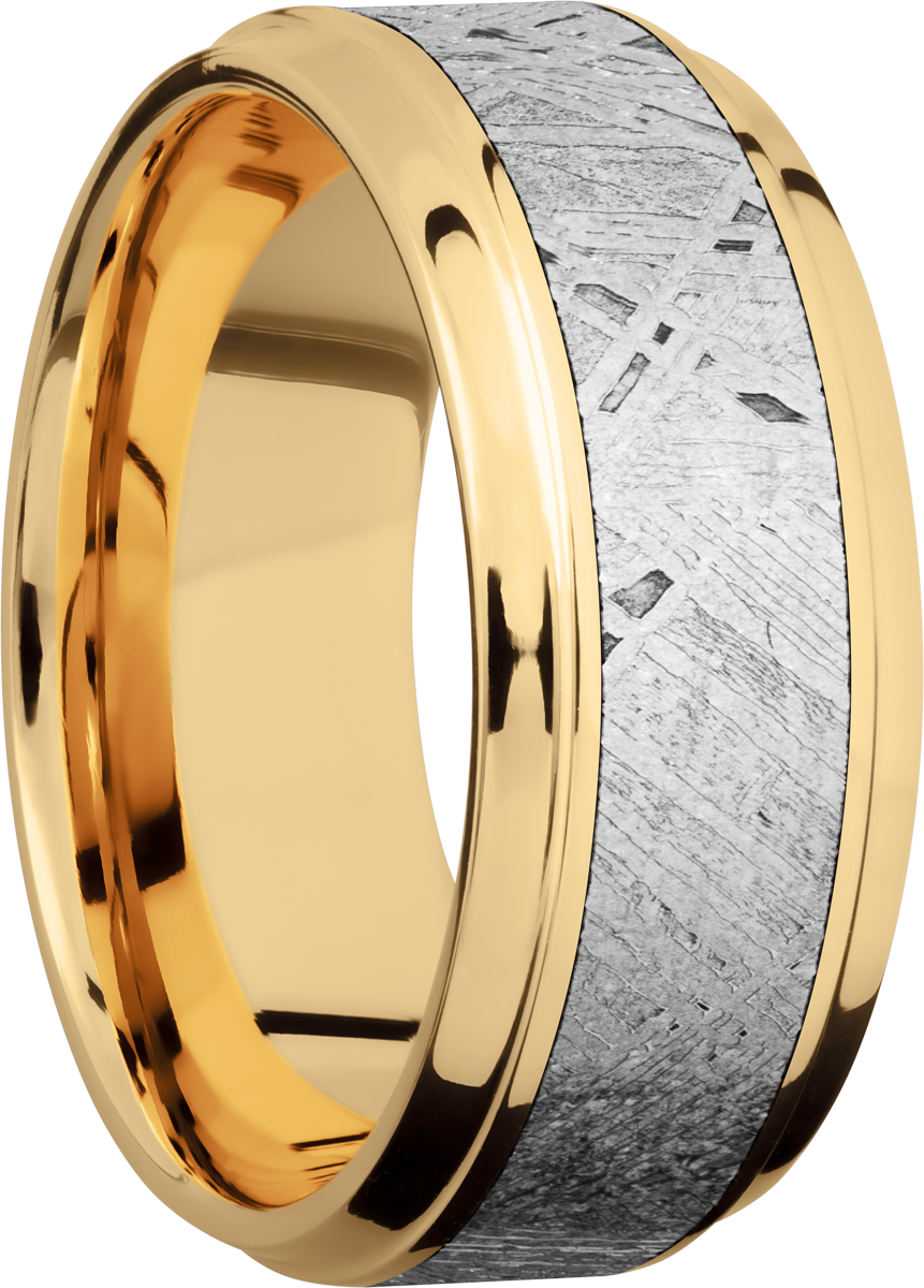 14K Yellow gold 9mm beveled band with an inlay of authentic Gibeon Meteorite