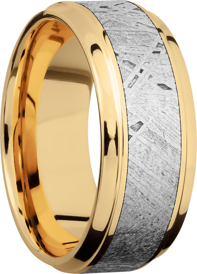 14K Yellow gold 9mm beveled band with an inlay of authentic Gibeon Meteorite