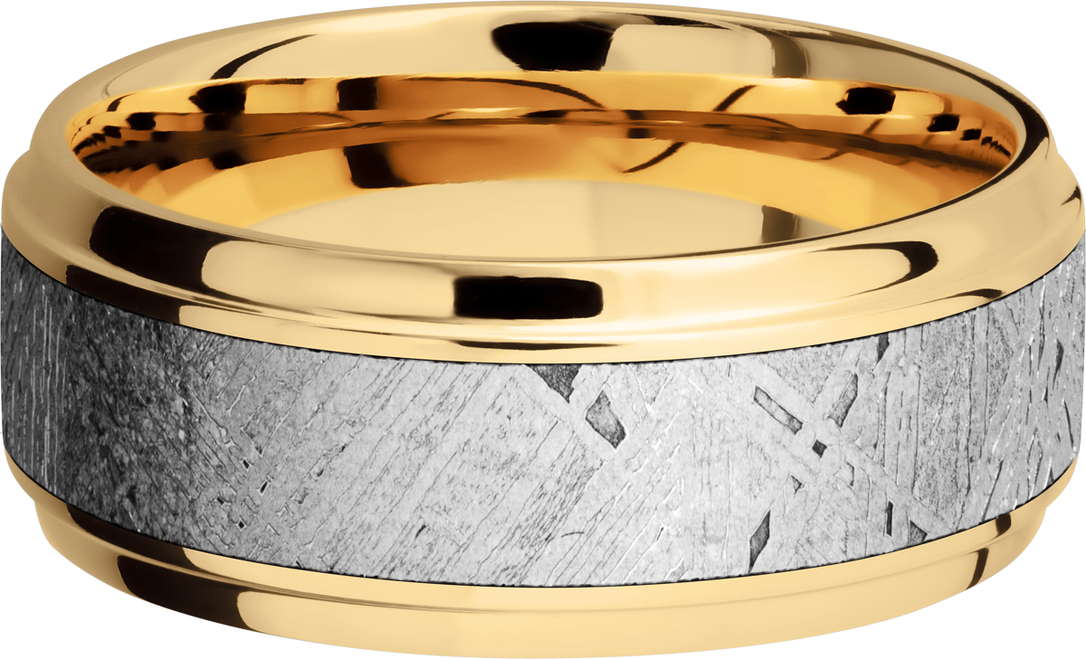 14K Yellow gold 9mm beveled band with an inlay of authentic Gibeon Meteorite