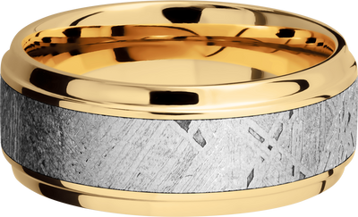 14K Yellow gold 9mm beveled band with an inlay of authentic Gibeon Meteorite