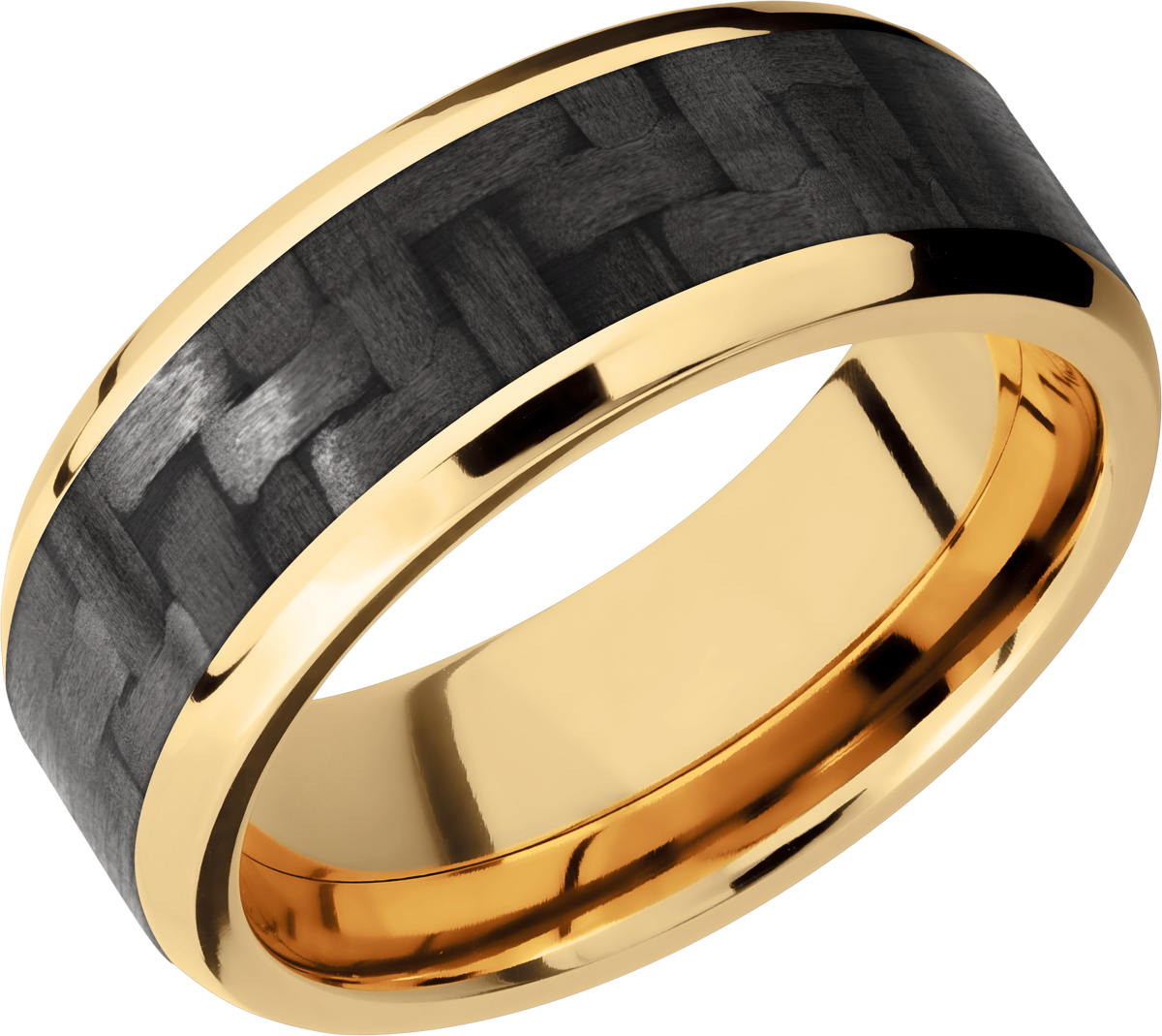 14K Yellow Gold 8mm beveled band with a 5mm inlay of black Carbon Fiber