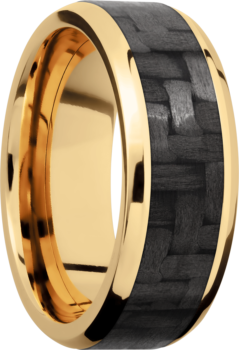 14K Yellow Gold 8mm beveled band with a 5mm inlay of black Carbon Fiber