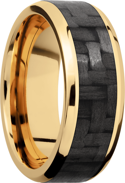 14K Yellow Gold 8mm beveled band with a 5mm inlay of black Carbon Fiber