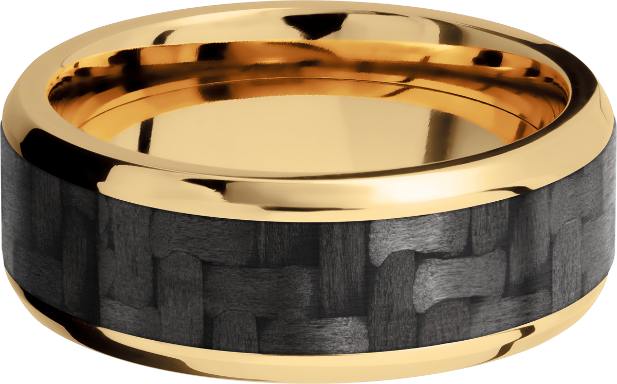 14K Yellow Gold 8mm beveled band with a 5mm inlay of black Carbon Fiber