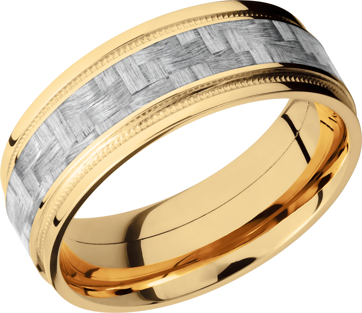 14K Yellow Gold 8mm flat band with grooved edges and a 4mm inlay of black Carbon Fiber inside reverse milgrain detail