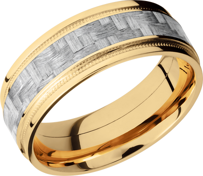 14K Yellow Gold 8mm flat band with grooved edges and a 4mm inlay of black Carbon Fiber inside reverse milgrain detail