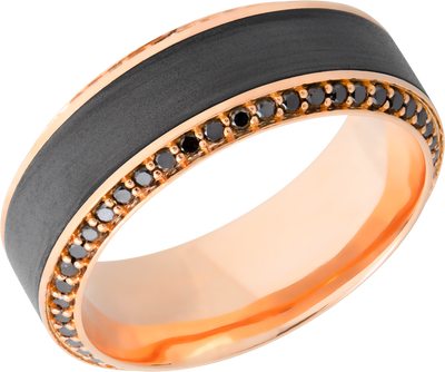 18K Rose gold 8.5mm beveled band with an inlay of zirconium and bead-set eternity black diamonds