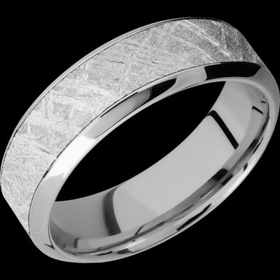 7 mm wide/High Bevel/18K White Gold band with one 4 mm Centered inlay of Meteorite.