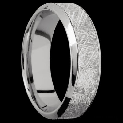 7 mm wide/High Bevel/18K White Gold band with one 4 mm Centered inlay of Meteorite.