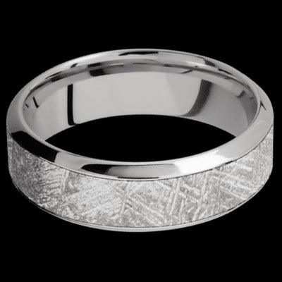 7 mm wide/High Bevel/18K White Gold band with one 4 mm Centered inlay of Meteorite.