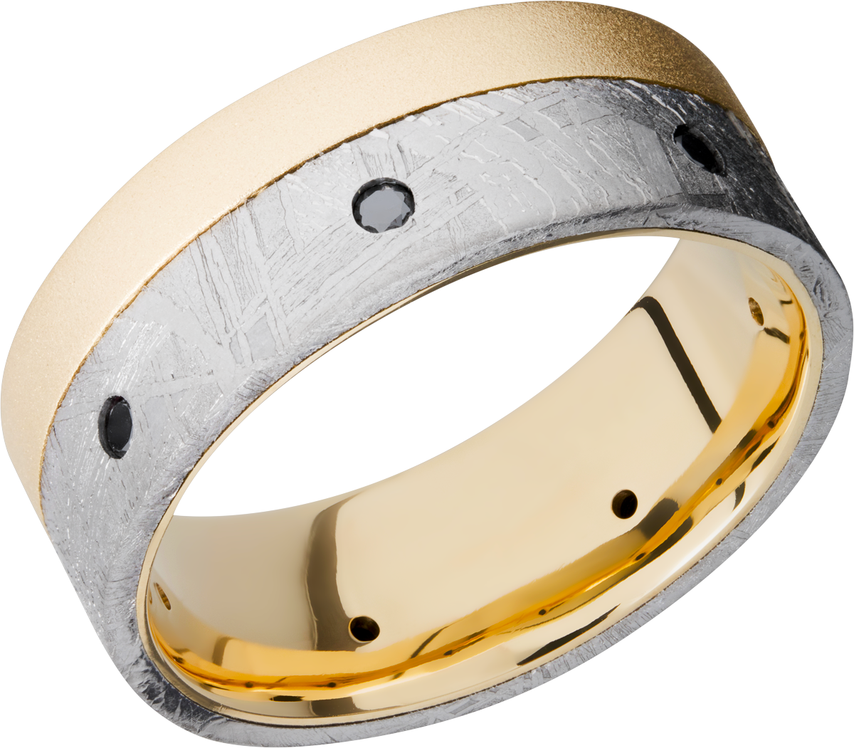 18K yellow gold flat band with an off-center inlay of authentic Gibeon Meteorite and 7, .04ct flush-set black diamonds