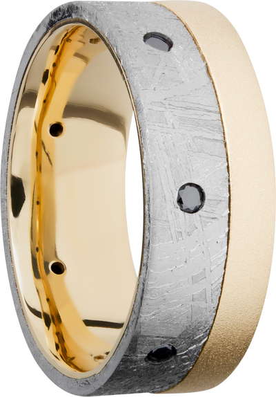 18K yellow gold flat band with an off-center inlay of authentic Gibeon Meteorite and 7, .04ct flush-set black diamonds