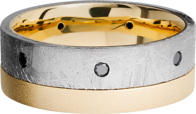 18K yellow gold flat band with an off-center inlay of authentic Gibeon Meteorite and 7, .04ct flush-set black diamonds