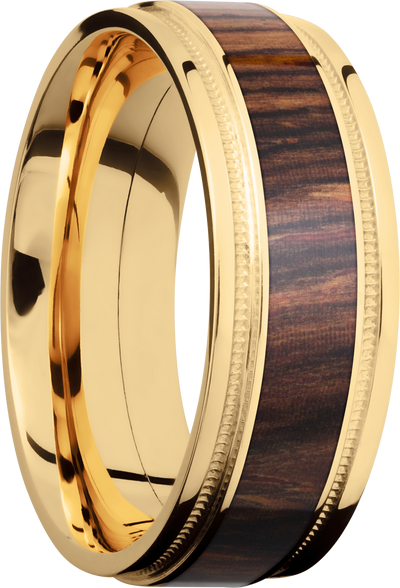 18K Yellow gold 8mm flat band with grooved edges, reverse milgrain detail and an inlay of Natcoco hardwood