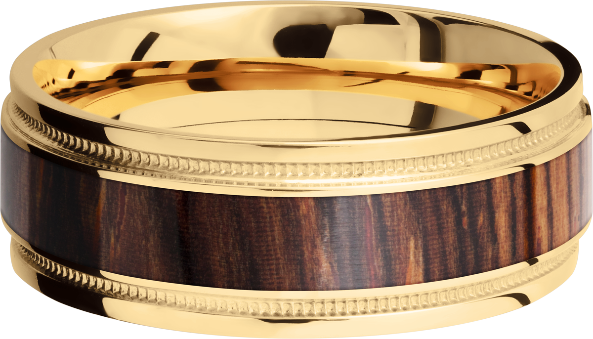 18K Yellow gold 8mm flat band with grooved edges, reverse milgrain detail and an inlay of Natcoco hardwood