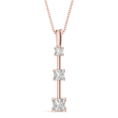 14K Rose Gold Square Diamond 3-Stone Pendant Necklace